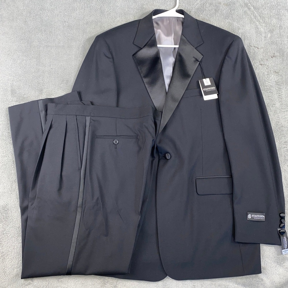 Stafford Essentials Tuxedo Suit Mens 42L 34W Black 100% Wool Classic Fit NEW